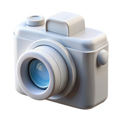 A stylized light blue retro camera with a large lens and prominent viewfinder isolated on transparent background