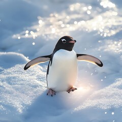 Penguin coasting down snow trail with speed high resolution picture