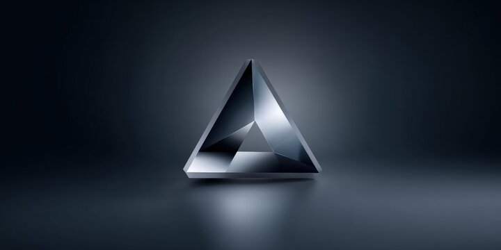 A striking triangular logo shines with a metallic sheen, against a dark, cool backdrop. The design exudes modernism and sophistication