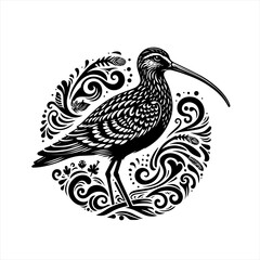Fototapeta premium Black and white illustration of a curlew bird with decorative swirling patterns