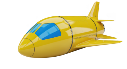 Bright yellow futuristic stylized airplane with blue windows and aerodynamic design isolated on transparent background