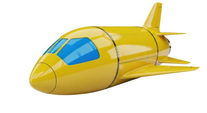Bright yellow futuristic stylized airplane with blue windows and aerodynamic design isolated on transparent background