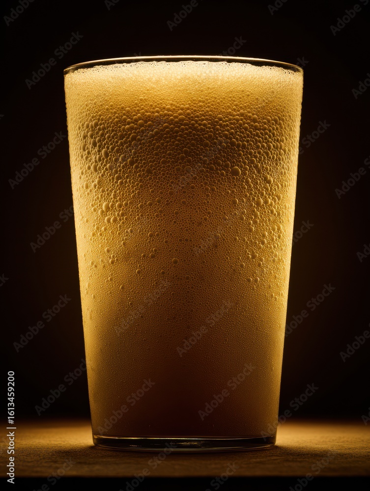 Poster foamy pint glass illuminated dramatically with warm lighting showcasing bubbles and texture in a min