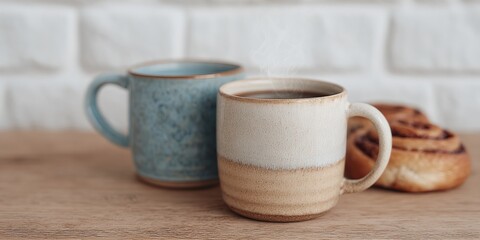 Two coffee mugs with steam coming out of them