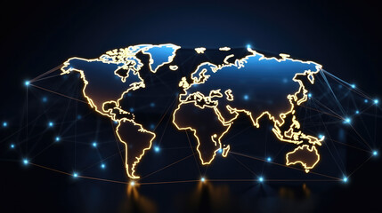 Neon Glowing World Map: Futuristic Design with Light Effects and Digital Technology