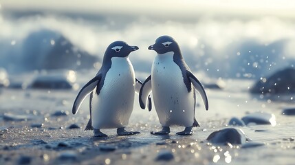 Penguin couple showing affection on snowy day high resolution picture