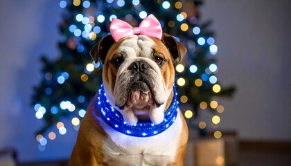 Bulldog with Christmas lights