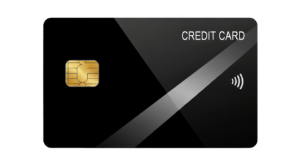 Modern sleek black credit card with gold chip and contactless payment symbol isolated on transparent background