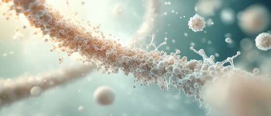Microscopic cellular structures intertwined with delicate filaments, floating in a softly lit blue and white environment, suggesting biological manipulation and creation.