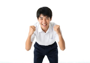 ガッツポーズをしているエネルギッシュな男子学生