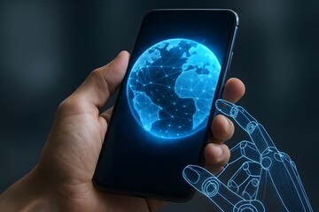 Human hand holding smartphone with glowing digital globe and robotic hand interface