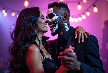joyful couple dancing at halloween party with spooky makeup under string lights, embracing festive atmosphere and vibrant colors of celebration