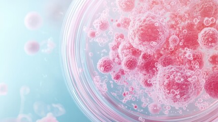 Pink cellular clusters within a petri dish show biological transformation and division, representing genetic development and scientific research.