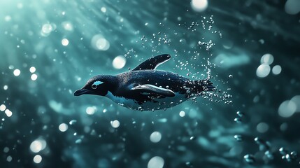 Penguin diving with grace through antarctic sea bubbles high resolution picture