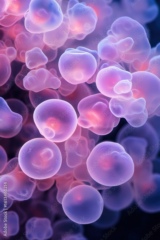 Poster glowing purple cellular structures pulsing with light representing genetic engineering science.