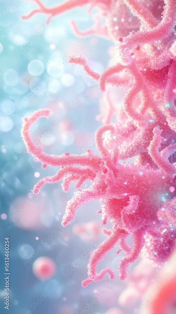 Poster pink cell branching structure with sparkling details, soft bokeh background, science concept