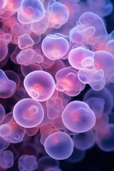 Glowing purple cellular structures pulsing with light representing genetic engineering science.