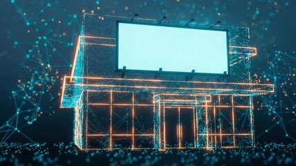 A futuristic digital representation of a building with a blank billboard surrounded by a network of glowing connections and data points illustrating the concept of technology and connectivity - Powered by Adobe