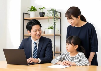 親子に学習上を説明する教師