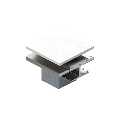 Isometric view of a layered structure with a white marble top, a gray base layer, and a metal support beam.