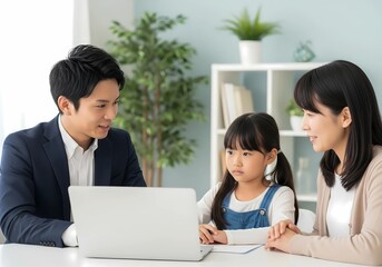 学習状況の説明を受ける親子