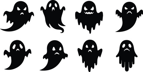 a set of eight spooky ghost figures with menacing expressions, depicted as black silhouettes