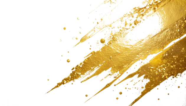 Metallic gold splatter with glittering brushstrokes on luxury minimalist white canvas