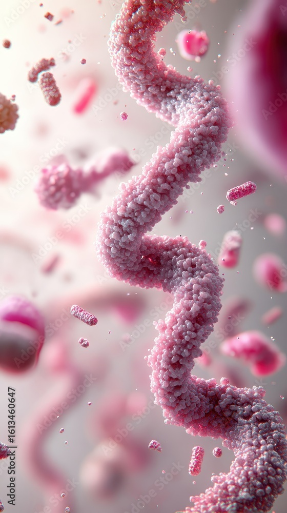 Poster pink helix structure in microscopic view, representing genetic modification and scientific explorati