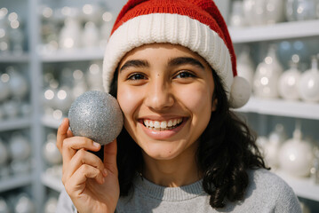 cheerful young woman with santa hat holding sparkling ornament in festive decor shop surrounded by ceramic decorations and spreading holiday joy