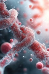 Close up of tangled genetic material threads with floating cell spheres in a bright, hazy background