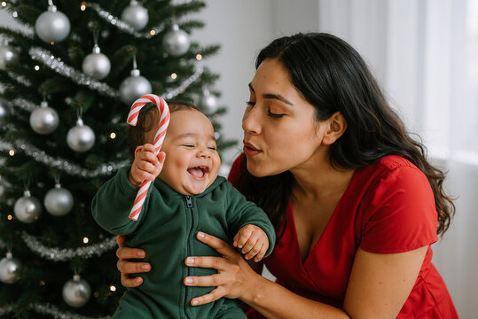 happy mother and baby celebrating christmas together near festive tree with candy cane and ornaments creating joyful holiday atmosphere