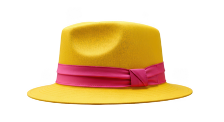 Bright yellow fedora hat with a vibrant pink ribbon band isolated on transparent background