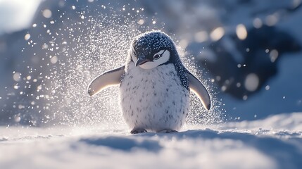 Penguin enjoying snowfall and shaking in snowy field high resolution picture