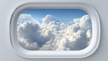 Airplane window view of a beautiful blue sky and cloudscape, a serene perspective on air travel and journey.
