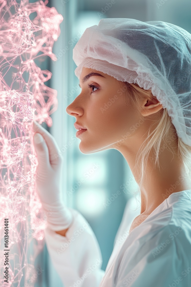 Poster scientist examines glowing neural network structure, representing genetic engineering research in a 