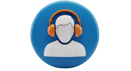 Stylized 3d illustration of a white silhouette figure wearing orange headphones inside a blue oval icon isolated on transparent background