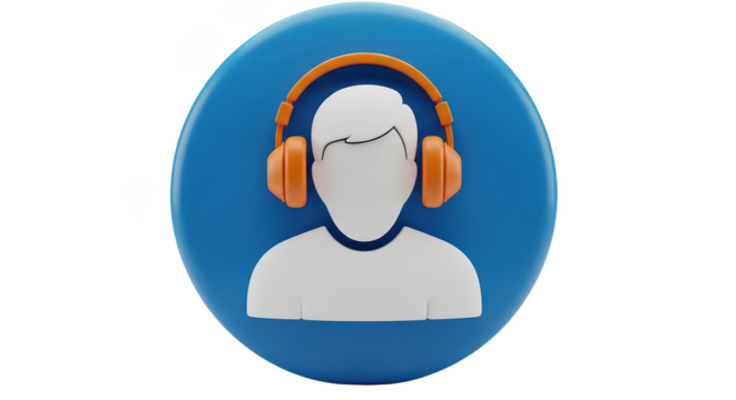 Stylized 3d illustration of a white silhouette figure wearing orange headphones inside a blue oval icon isolated on transparent background