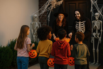Children trick or treating during halloween night receiving candy from adults dressed as witch and skeleton at decorated doorway with cobwebs and skeletons