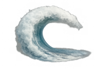 Ocean wave arching, generating dynamic foam and spray, transparent backdrop highlighting powerful marine motion