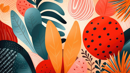 Retro Floral Geometric Background with Bold Orange, Red, and Black Patterns
