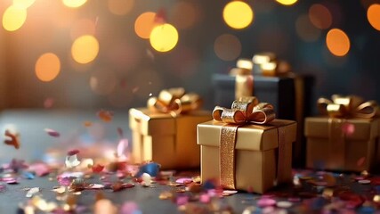 A festive vertical video design showing black gold gift boxes floating confetti perfect birthday greetings promotional campaign