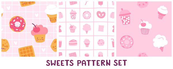 Cute pattern set with sweet food. Seamless vector print collection with desserts for baby girls.