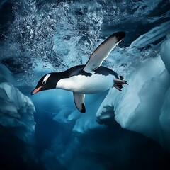 Penguin exploring cold ocean under icy surface high resolution picture