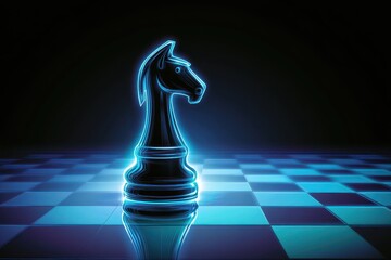 Glowing Black Chess Knight on a Checkered Board with Blue Light Effect