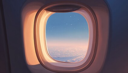 Window seat to a serene dawn sky. A dreamy illustration of a flight journey above a sea of pink clouds with stars.