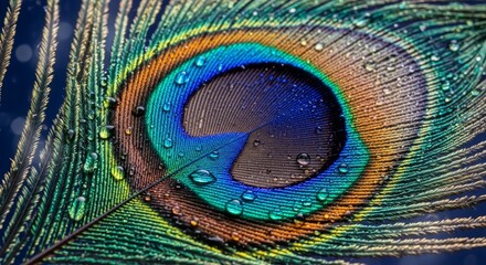 Naklejka premium Close-Up of Vibrant Peacock Feather with Water Droplets