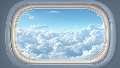 Serene view from an airplane porthole looking out over a vast sea of fluffy white clouds under a clear blue sky. An illustration of air travel.