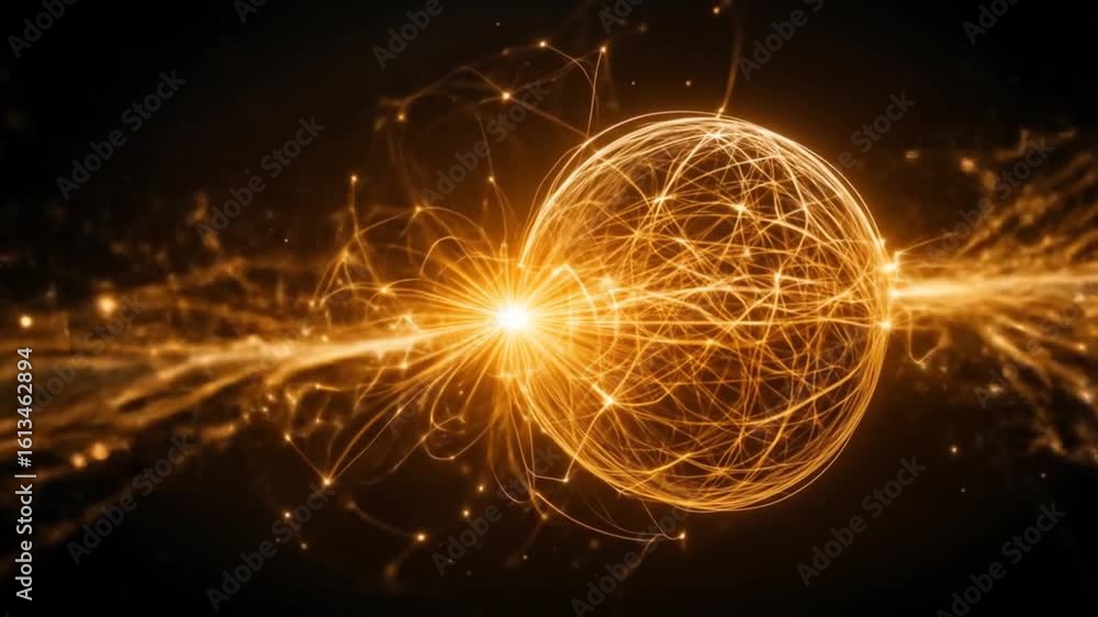 Poster golden energy spheres with interconnected lines and particle streams illustration