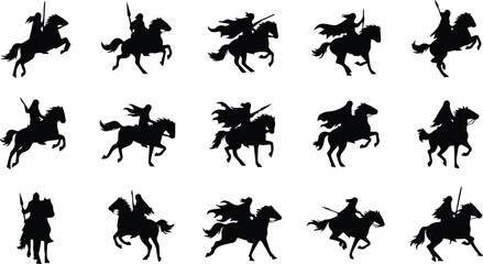 a collection of fifteen black silhouette knights on horseback in various dynamic poses, ready for battle