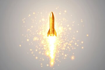 Golden Rocket Launching with Sparkles Against a Light Background